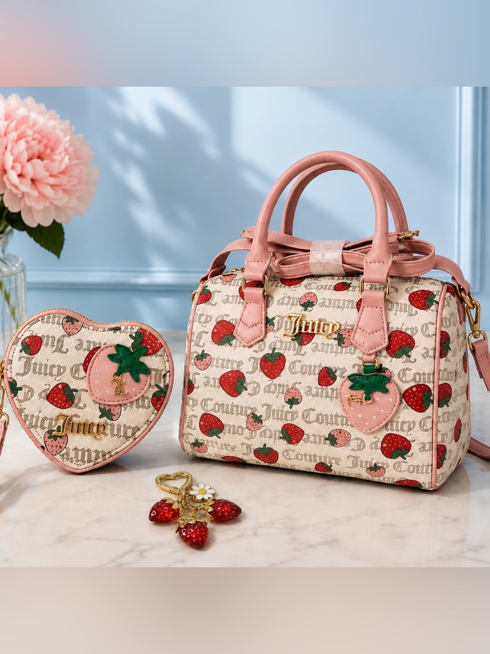 Juicy Couture Freshly Picked Strawberry Satchel W/ Heart Coin Wallet And Charm